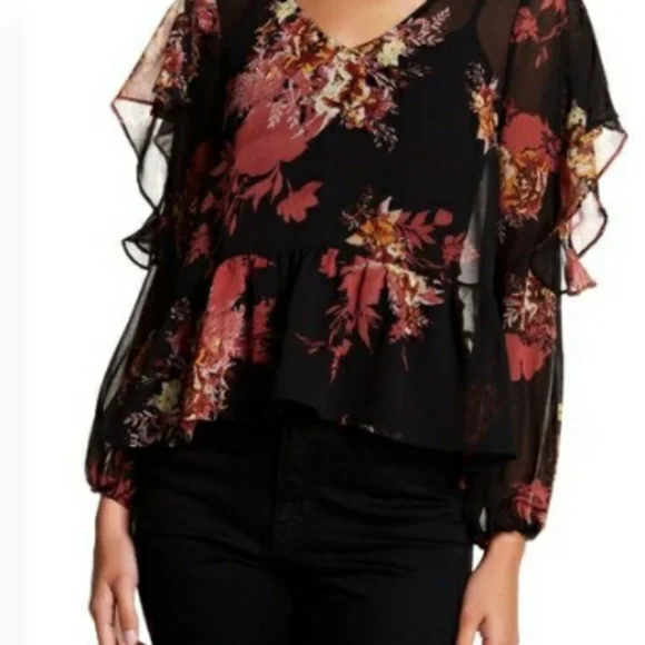 Halogen Chiffon Dark Floral Blouse w/"Cold Arm" Ruffled Sleeve size Halogen 1 - Picture 1 of 8